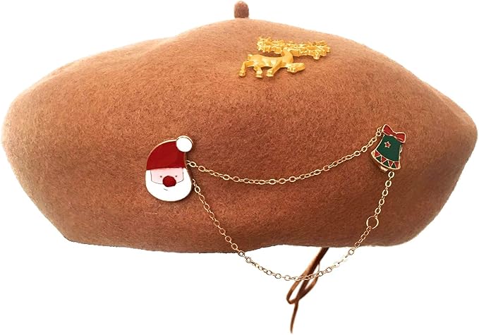 merrybright羊毛卡其色圣诞新年驯鹿鹿鹿鹿角均码法国贝雷帽女孩女式